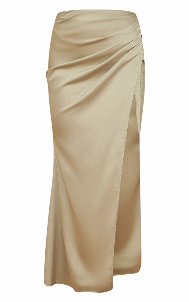 Olive / Green Pretty Little Thing Sage StructuSatin V Front Ruched Split Front Maxi Skirts | NQBDUYG-95