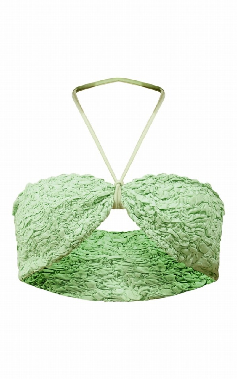 Olive / Green Pretty Little Thing Sage TextuPadded Halterneck Bikini Tops | BXWZLVR-24