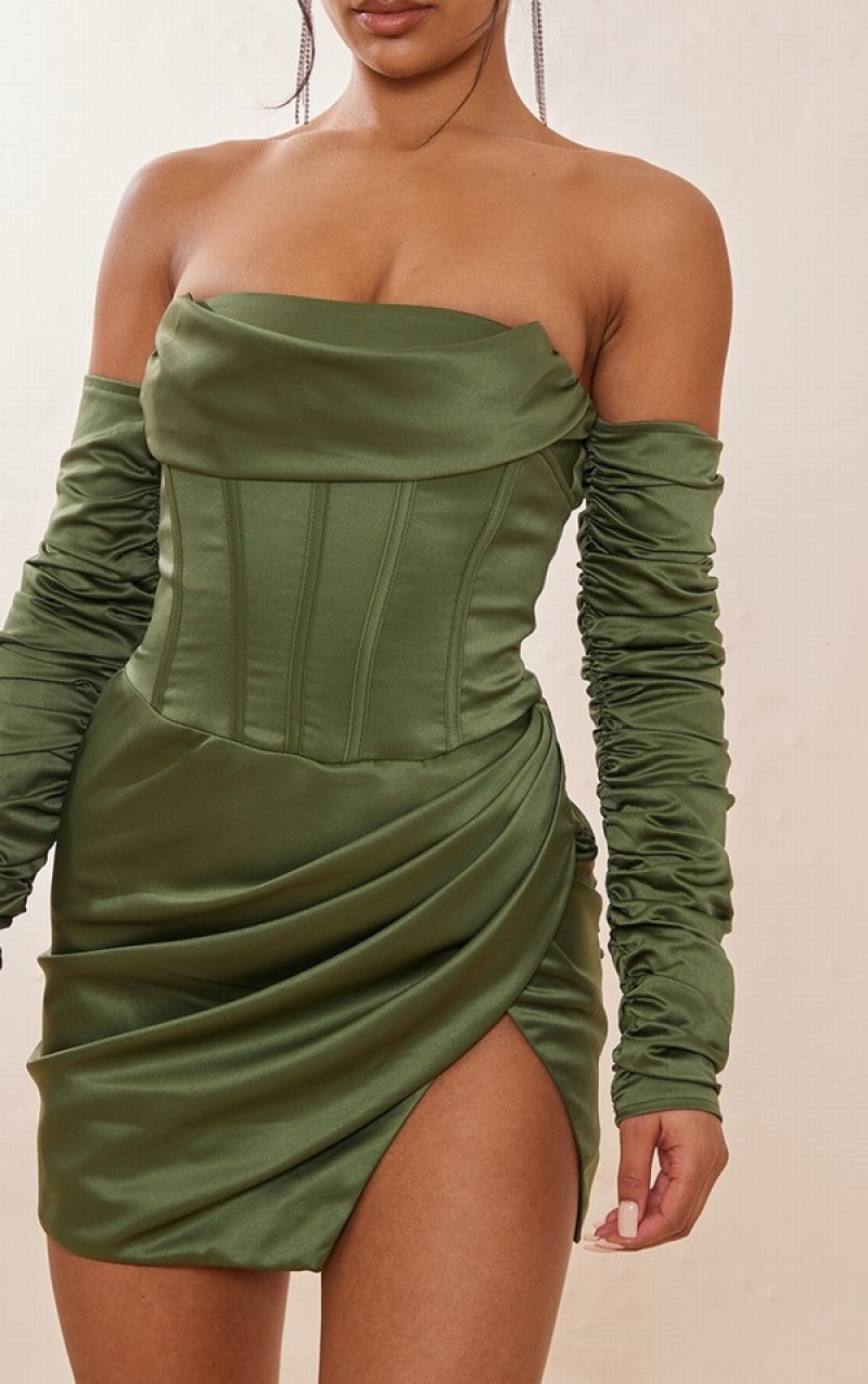 Olive / Khaki Pretty Little Thing PLT Label Sage Satin Corset Ruched Sleeve Bodycon Dresses | NEWKBLR-53