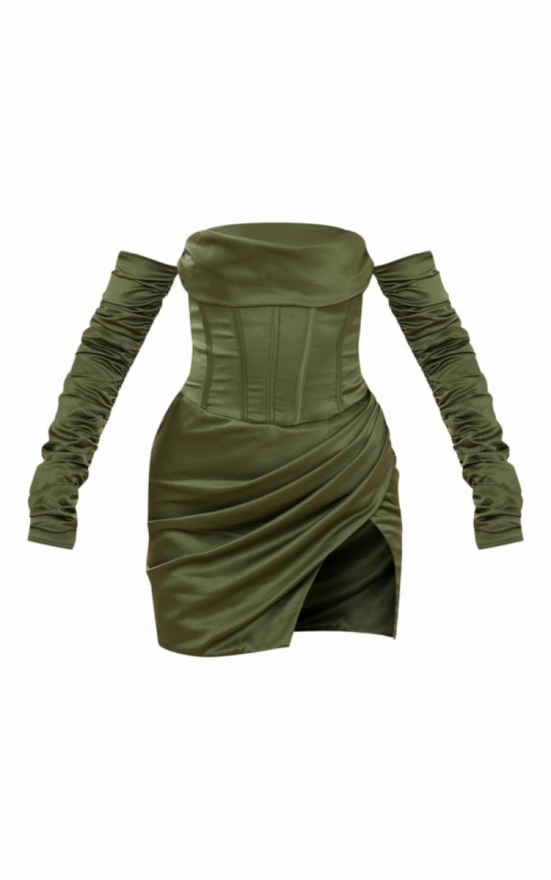 Olive / Khaki Pretty Little Thing PLT Label Sage Satin Corset Ruched Sleeve Bodycon Dresses | NEWKBLR-53