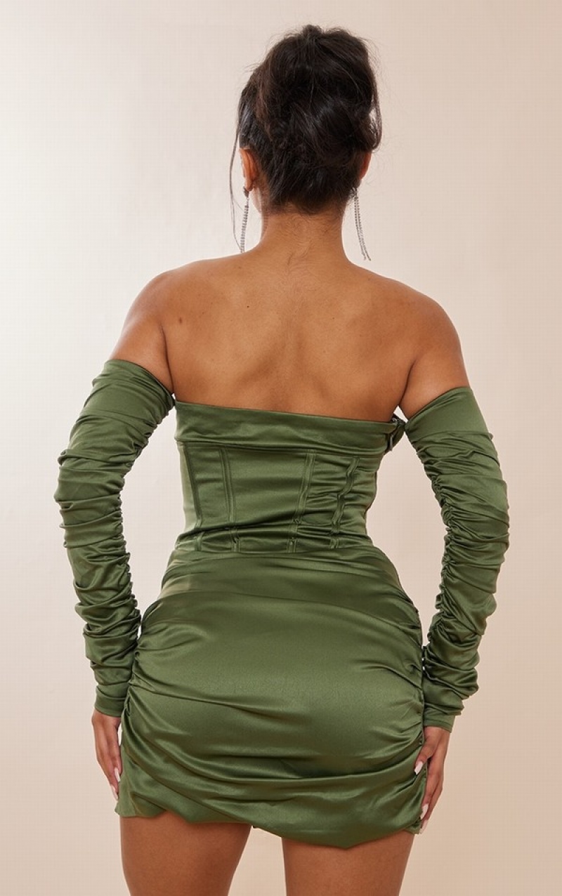 Olive / Khaki Pretty Little Thing PLT Label Sage Satin Corset Ruched Sleeve Bodycon Dresses | NEWKBLR-53