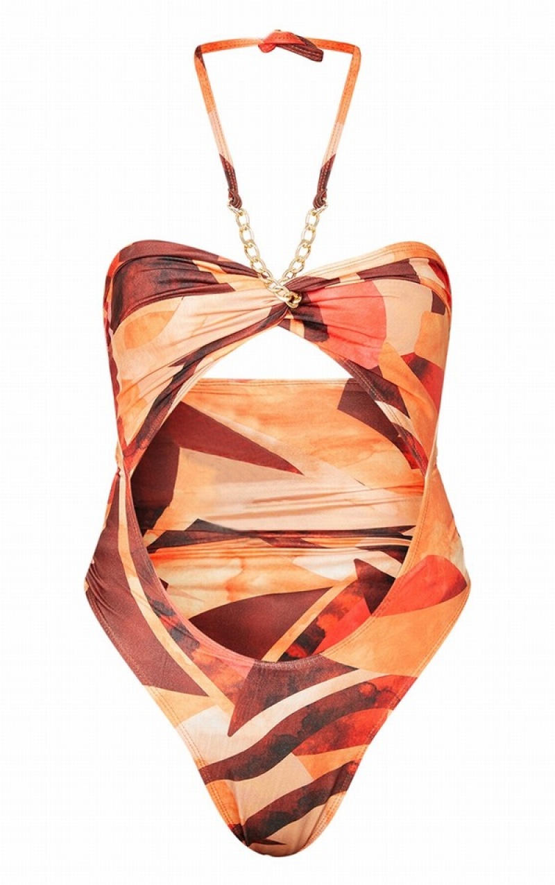 Orange Pretty Little Thing Abstract Print Bandeau Chain Cut Out Swimsuits | IMSYBJO-18