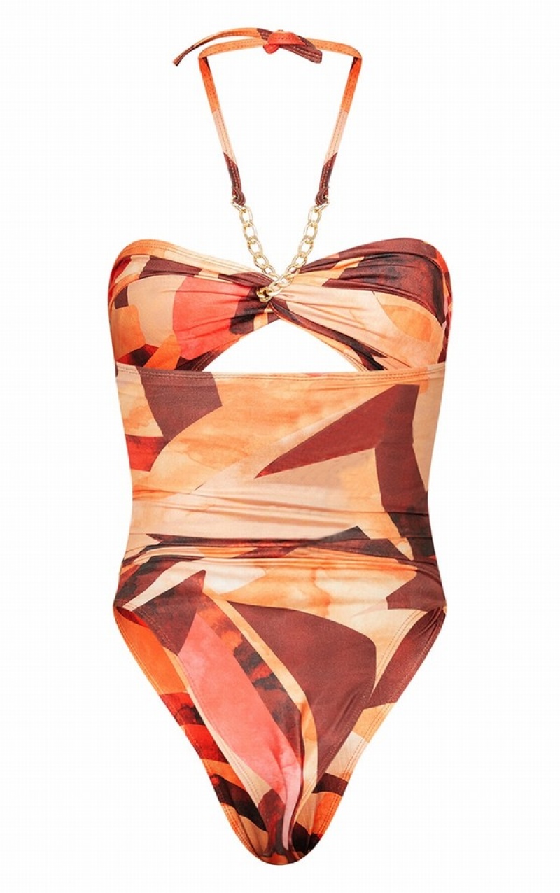 Orange Pretty Little Thing Abstract Print Bandeau Chain Cut Out Swimsuits | IMSYBJO-18