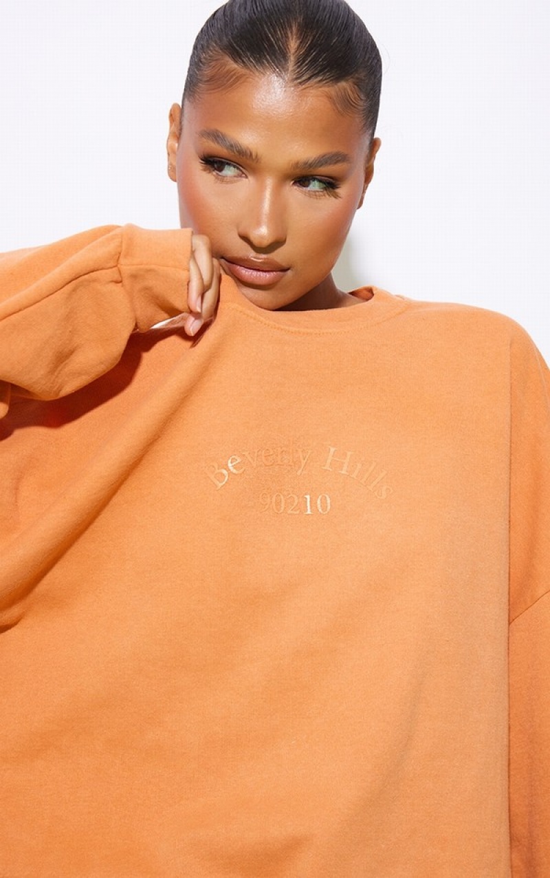 Orange Pretty Little Thing Beverly Hills Printed Washed Sweatshirts | ASEDNKG-87