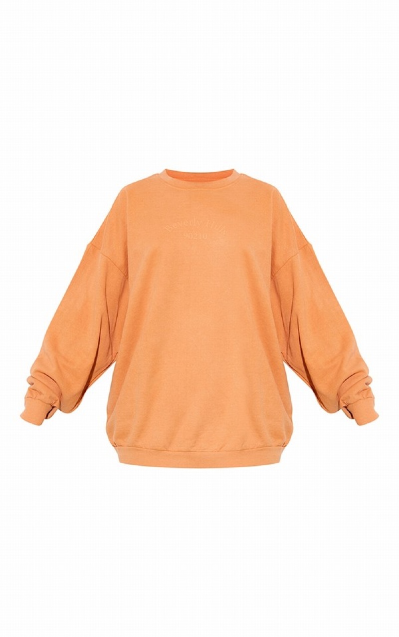 Orange Pretty Little Thing Beverly Hills Printed Washed Sweatshirts | ASEDNKG-87