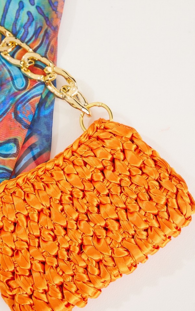 Orange Pretty Little Thing Burnt Woven Satin Chain Strap Mini Bags | PMRUVQL-62