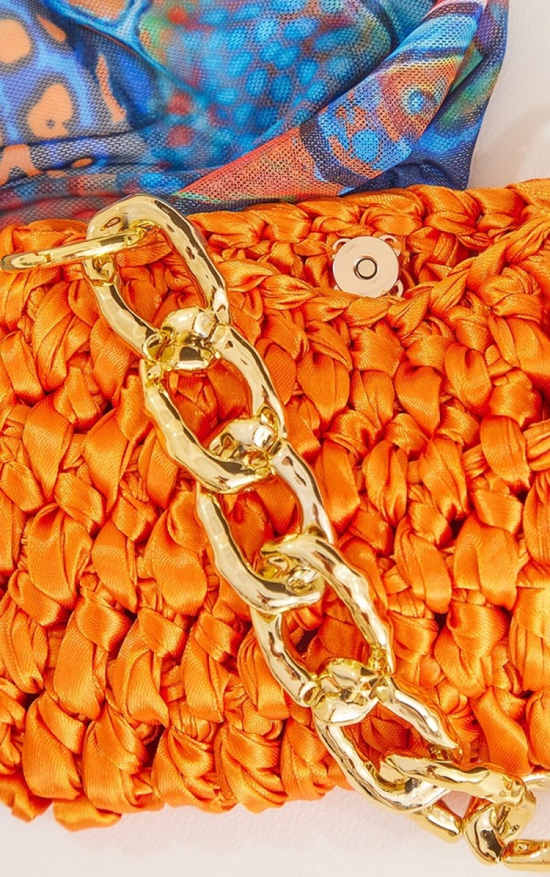 Orange Pretty Little Thing Burnt Woven Satin Chain Strap Mini Bags | PMRUVQL-62