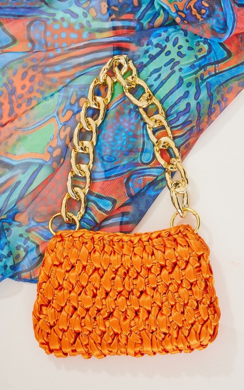 Orange Pretty Little Thing Burnt Woven Satin Chain Strap Mini Bags | PMRUVQL-62