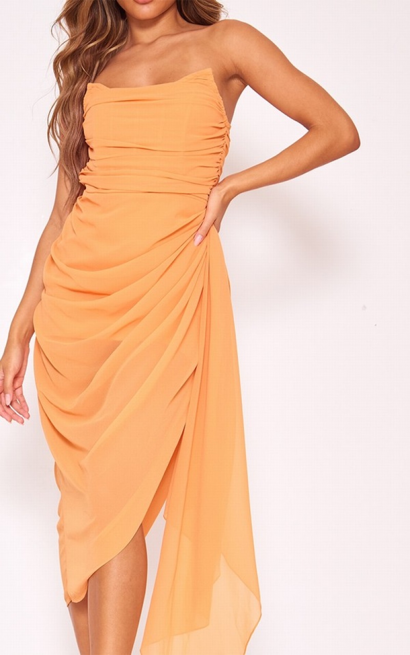 Orange Pretty Little Thing Chiffon Ruched Bandeau Drape Midaxi Dresses | OWYRNSZ-03