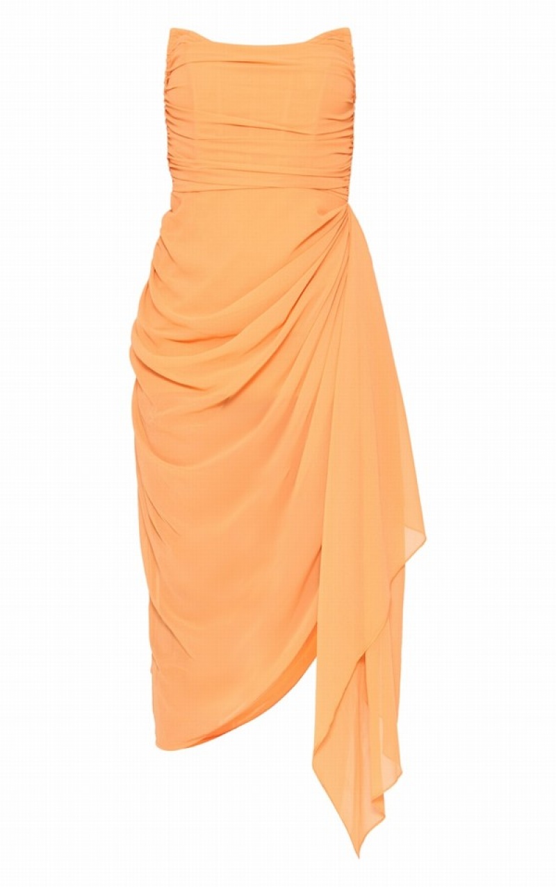 Orange Pretty Little Thing Chiffon Ruched Bandeau Drape Midaxi Dresses | OWYRNSZ-03