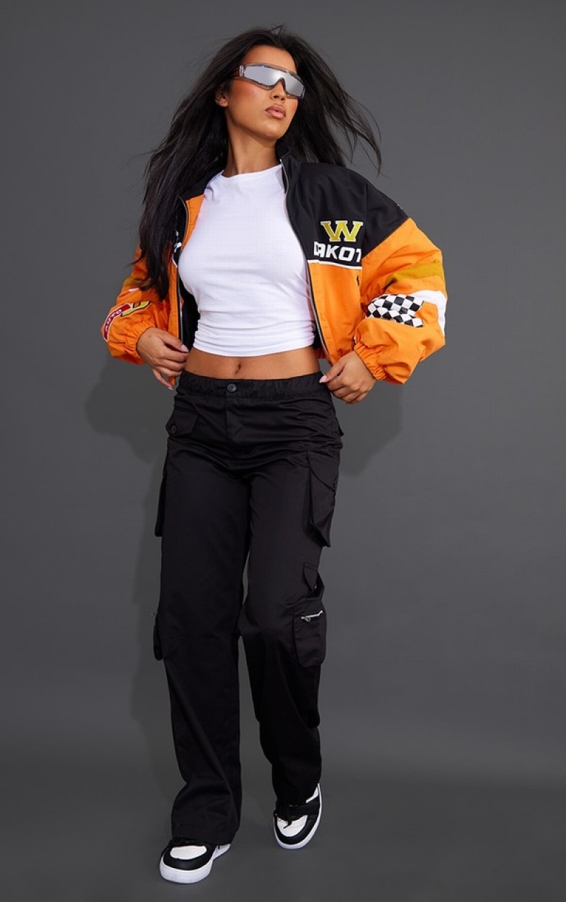 Orange Pretty Little Thing Cropped Oversized Graphic Zipped Racer Bomber Jackets | OSXZLIJ-98