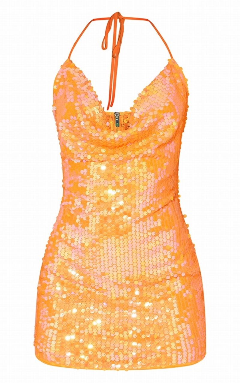 Orange Pretty Little Thing Disk Sequin Cowl Halterneck Bodycon Dresses | RAWDYNG-21