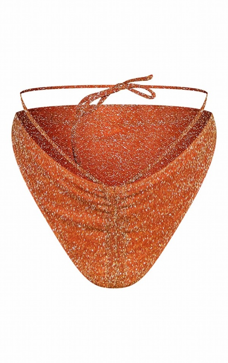 Orange Pretty Little Thing Glitter Ruched Frontzilian Bikini Bottoms | RYAGZPF-31