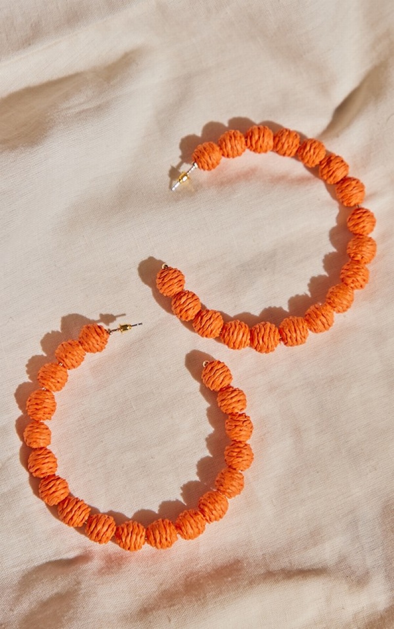 Orange Pretty Little Thing Hot Raffia Ball Large Hoop Jewelry | YPLRHKF-32