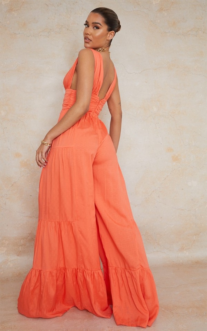 Orange Pretty Little Thing Linen Look Plunge TieWide Leg Jumpsuits | IHKENZM-62