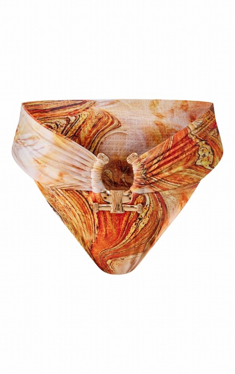 Orange Pretty Little Thing Marble Print HammeTrim High Waist Bikini Bottoms | GPKYCWE-87