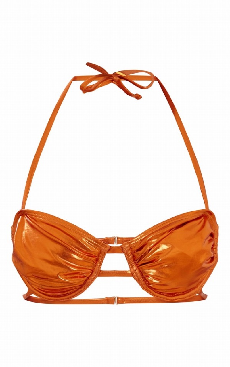 Orange Pretty Little Thing Metallic Ruched Underwired Bikini Tops | EJMRPGX-32