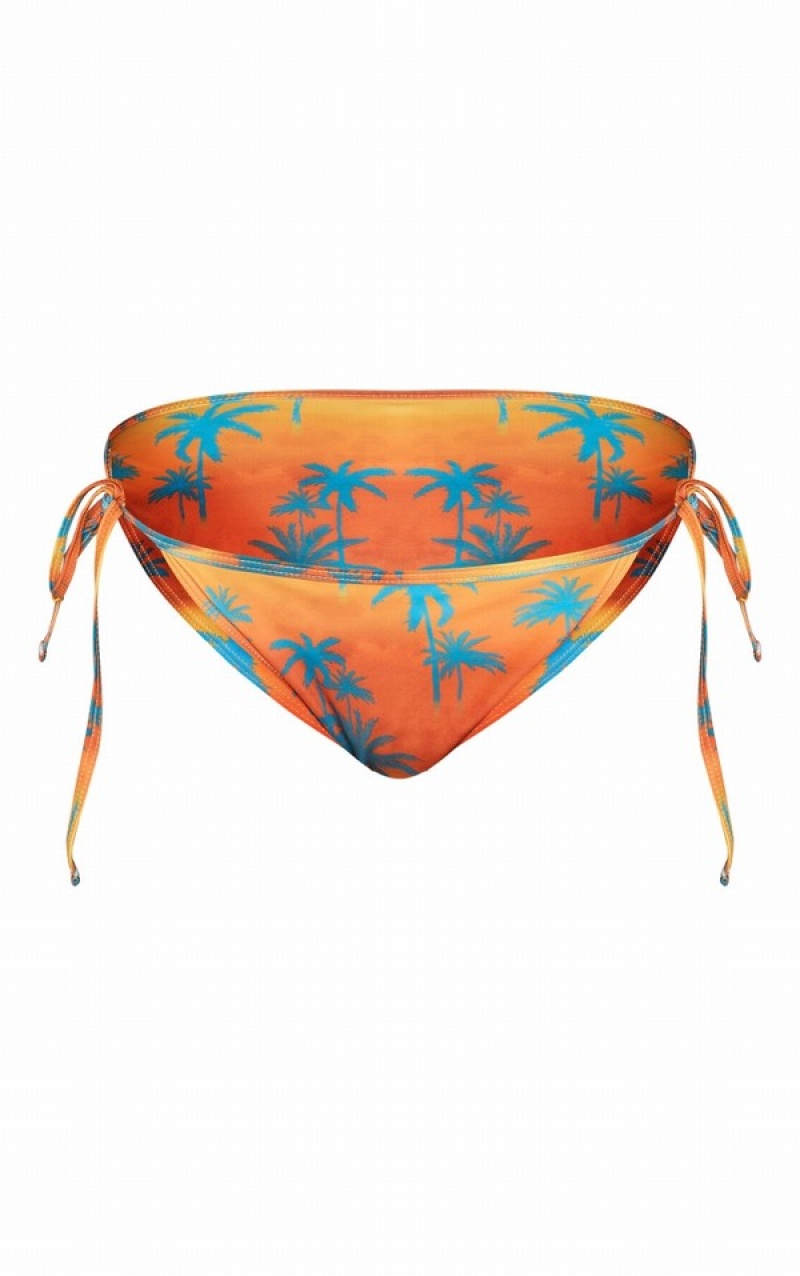 Orange Pretty Little Thing Ombre Palm Tree Print Tie Side Bikini Bottoms | SWNIQLE-71