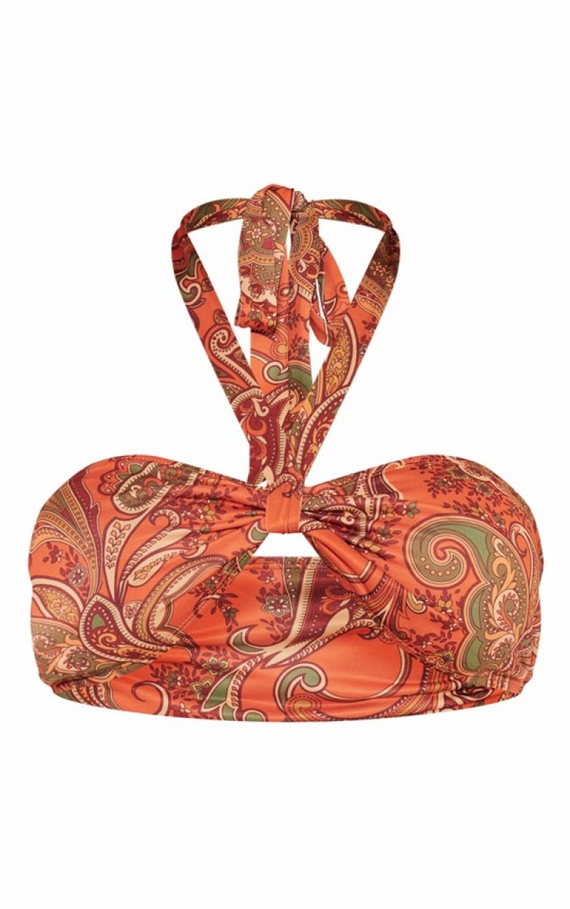 Orange Pretty Little Thing Paisley Print Halterneck Bikini Tops | ZGISJNX-16