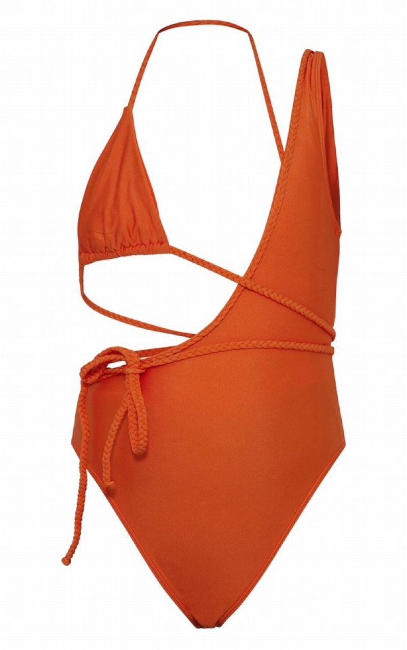 Orange Pretty Little Thing Plait Detail Asymmetric Swimsuits | ZIRUQWD-68