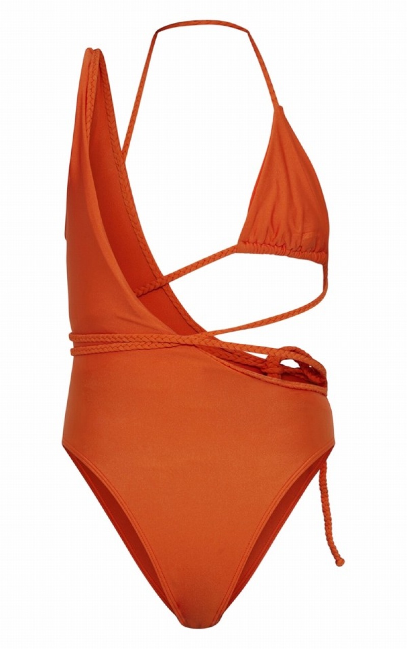 Orange Pretty Little Thing Plait Detail Asymmetric Swimsuits | ZIRUQWD-68