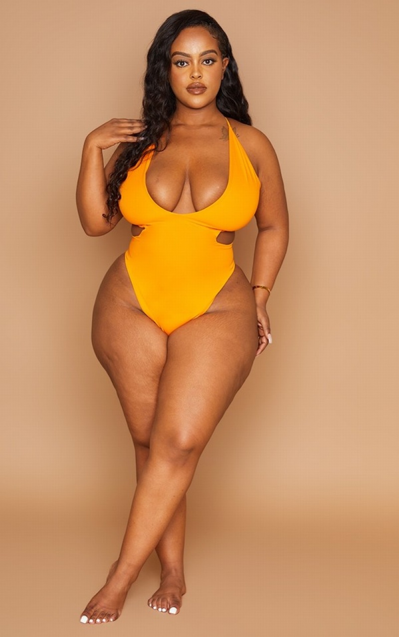 Orange Pretty Little Thing Plus Cross Front Cut Out Swimsuits | VDMQGFI-41