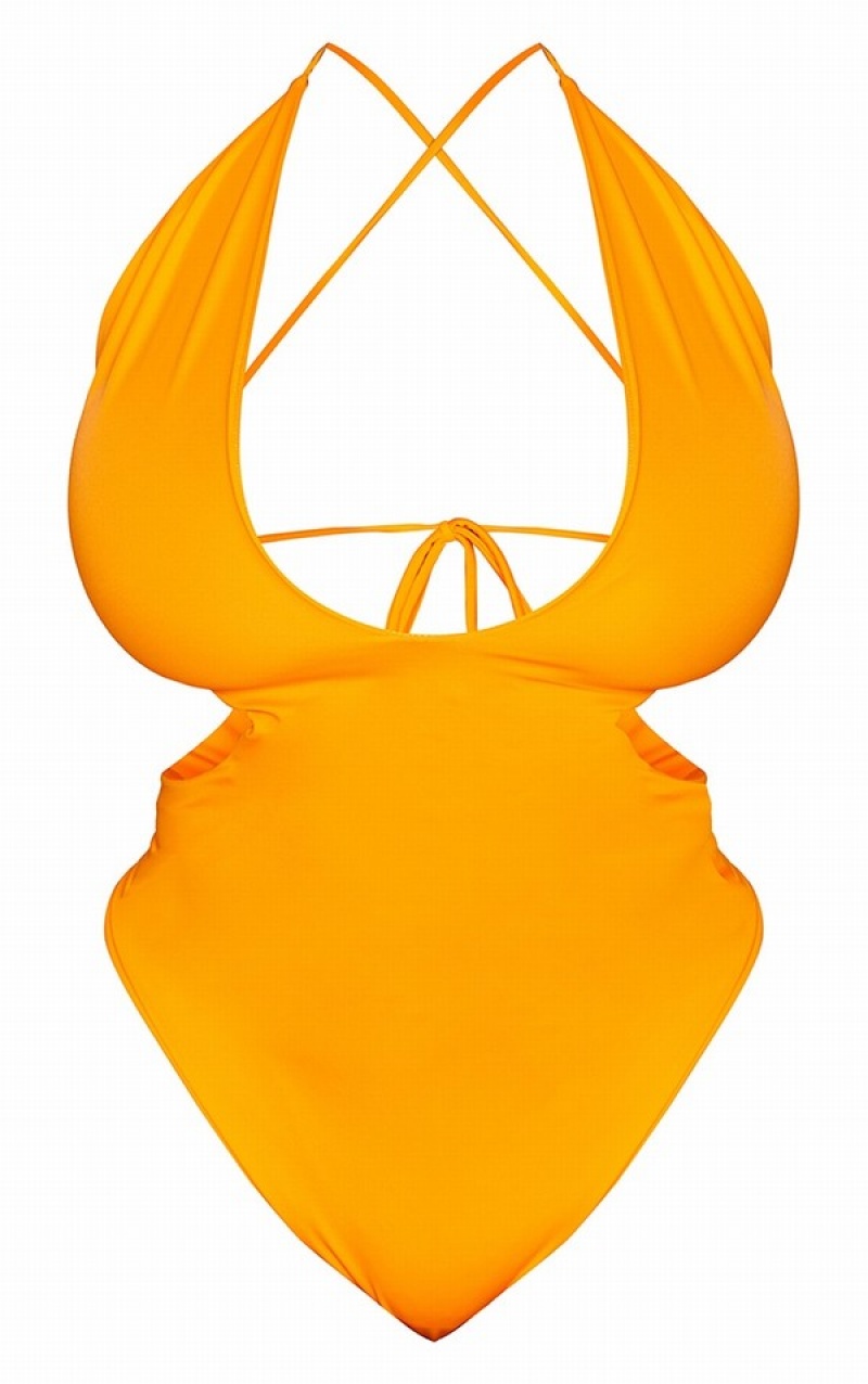 Orange Pretty Little Thing Plus Cross Front Cut Out Swimsuits | VDMQGFI-41