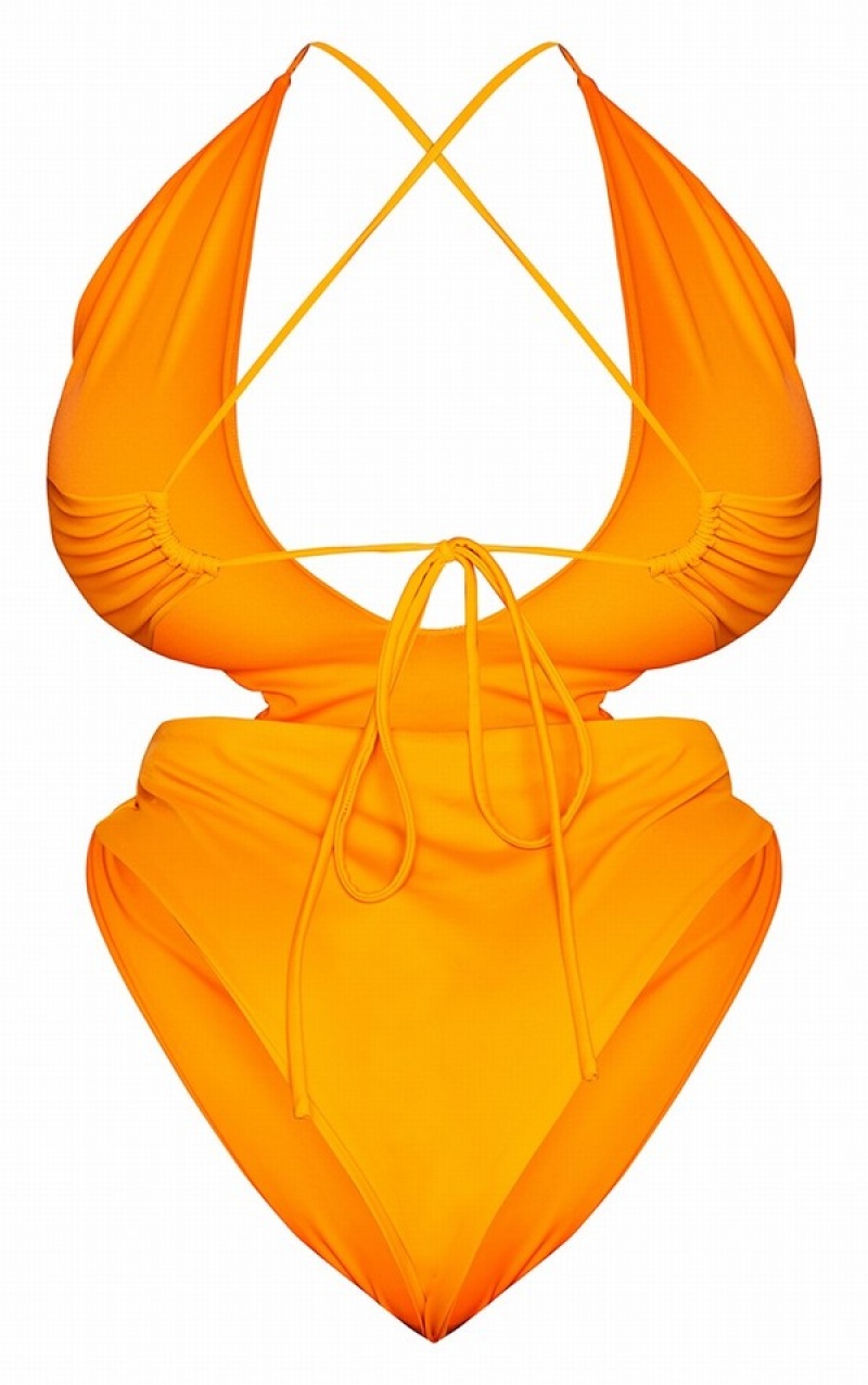 Orange Pretty Little Thing Plus Cross Front Cut Out Swimsuits | VDMQGFI-41