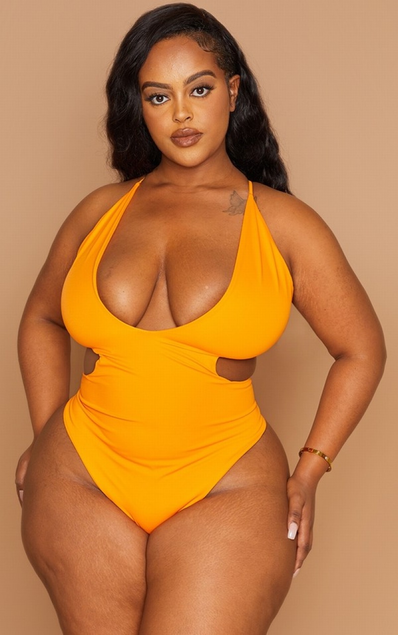 Orange Pretty Little Thing Plus Cross Front Cut Out Swimsuits | VDMQGFI-41