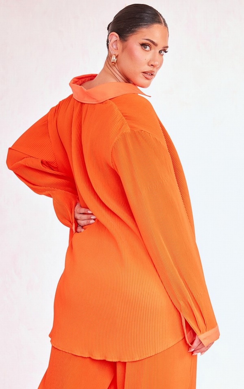 Orange Pretty Little Thing Plus Plisse Button Front Oversized Shirts | VPDBCYM-92