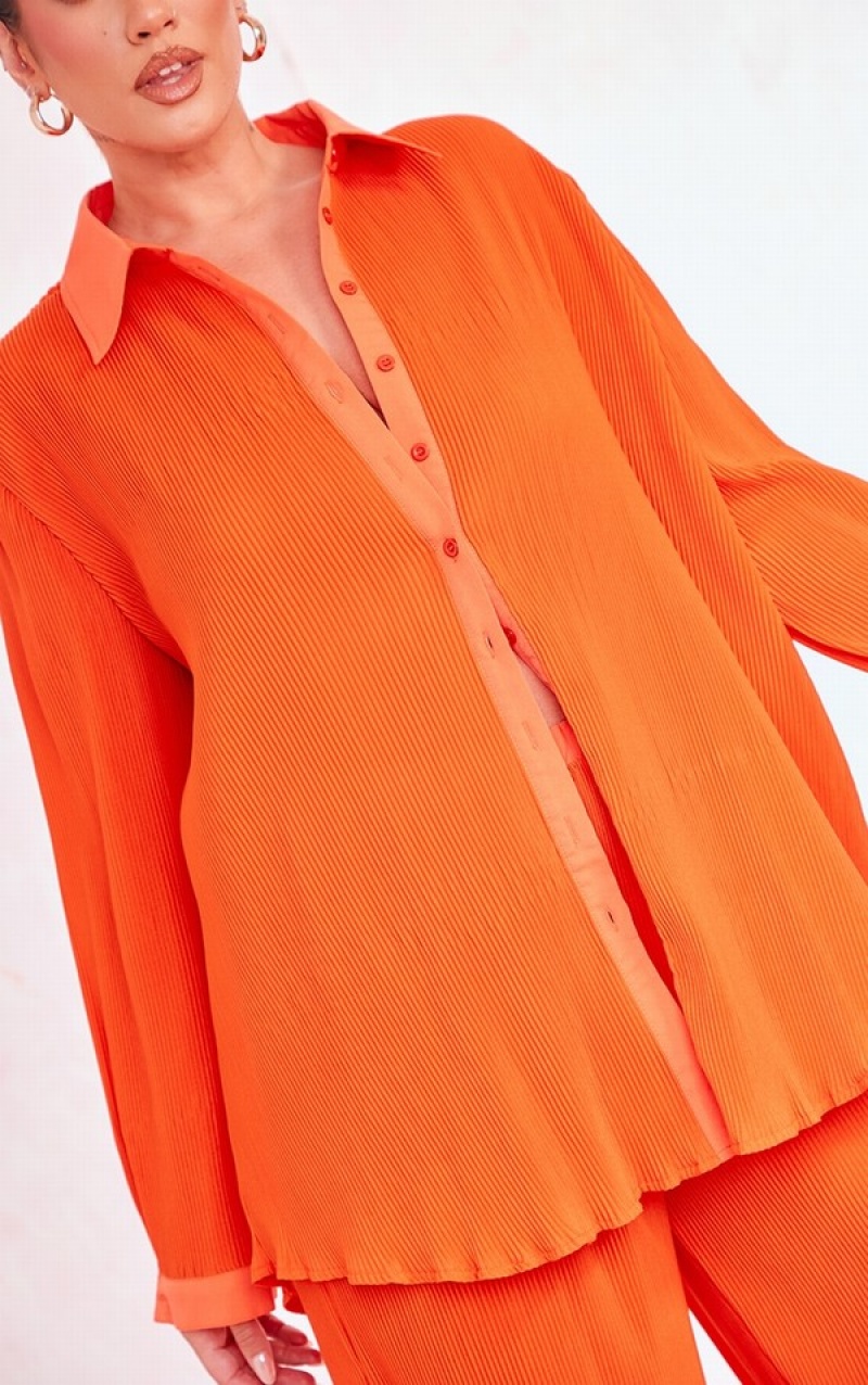 Orange Pretty Little Thing Plus Plisse Button Front Oversized Shirts | VPDBCYM-92