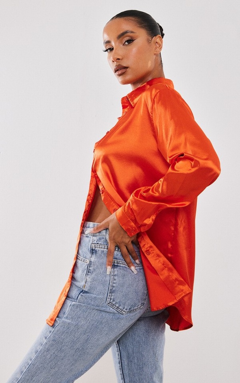 Orange Pretty Little Thing Satin Button Front Shirts | ELPXFHI-31