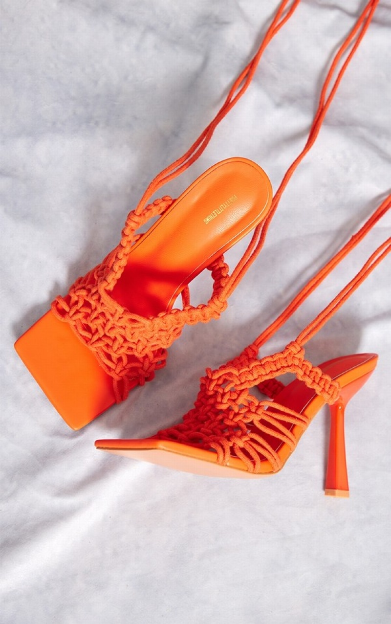 Orange Pretty Little Thing Square Toe Woven Lace Up Heels | FEVOKSH-85