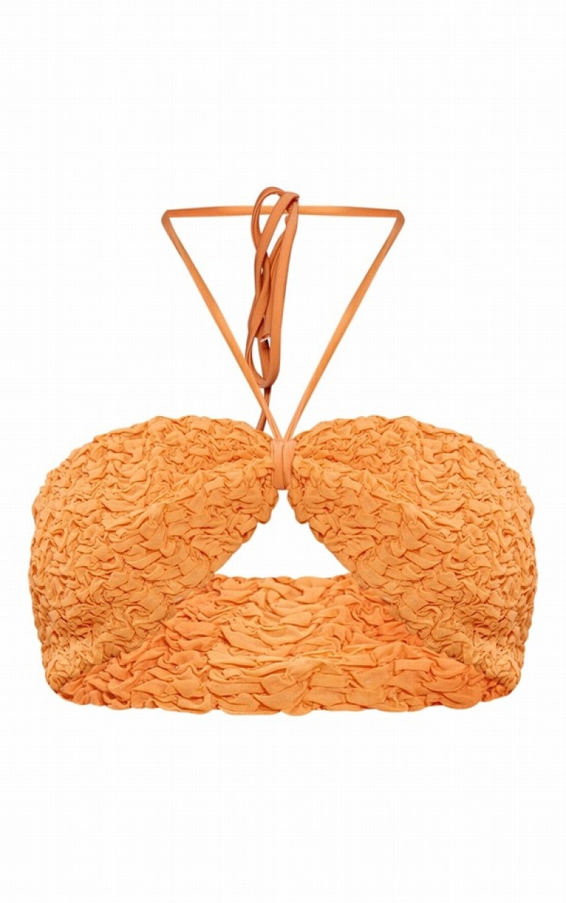 Orange Pretty Little Thing TextuPadded Halterneck Bikini Tops | IAJFKPO-08