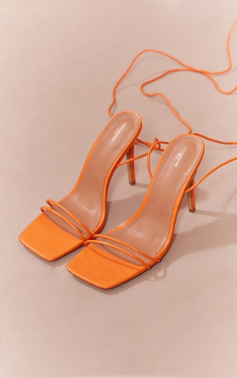 Orange Pretty Little Thing Wide Fit Pu Square Toed Barely There Thin Twin Strap High Heels | XISGKRE-90