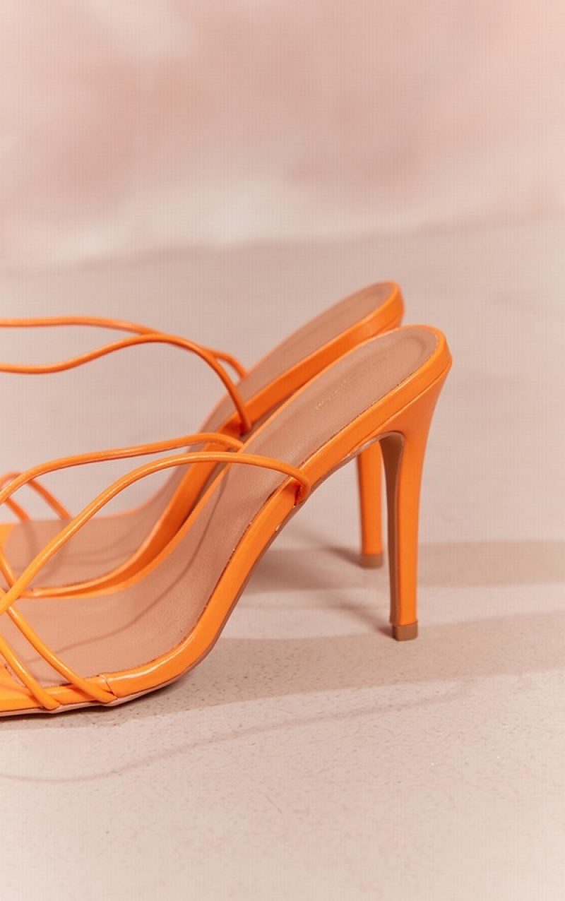 Orange Pretty Little Thing Wide Fit Pu Square Toed Barely There Thin Twin Strap High Heels | XISGKRE-90