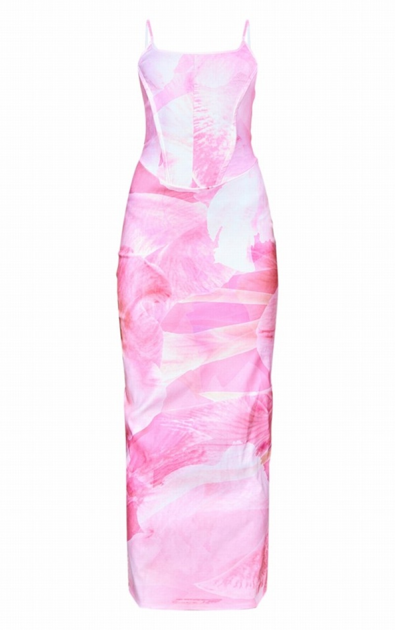 Pink Pretty Little Thing Baby Abstract Bengaline Corset Strappy Midaxi Dresses | UCRIBLT-46