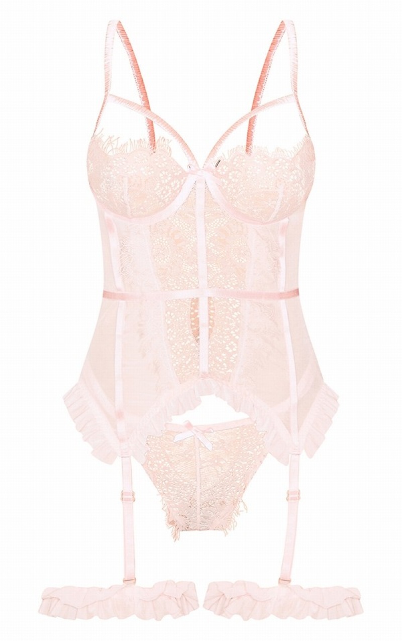 Pink Pretty Little Thing Baby Eyelash Lace Frill Detail Longline Corset Sleepwear | KMENTWA-19