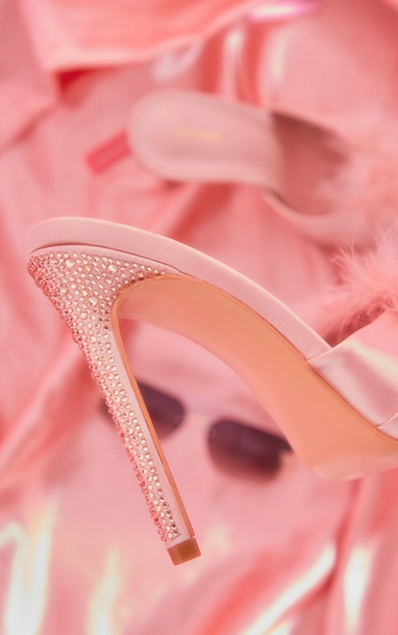 Pink Pretty Little Thing Baby Faux Fur Pom Pom Satin Square Toe Diamante Higheds Heels | XITCYBL-68