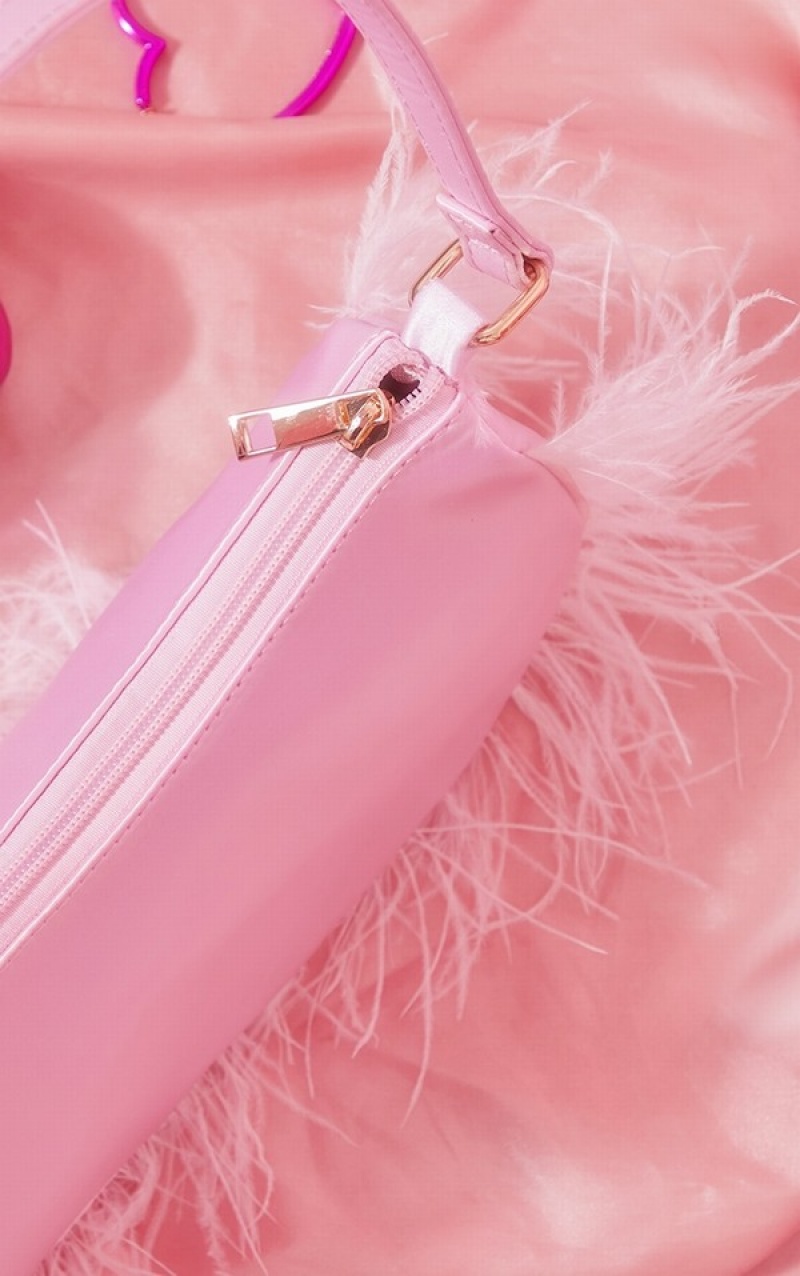 Pink Pretty Little Thing Baby Feather Trim Rounded Satin Shoulder Bags | XJEMNCP-26