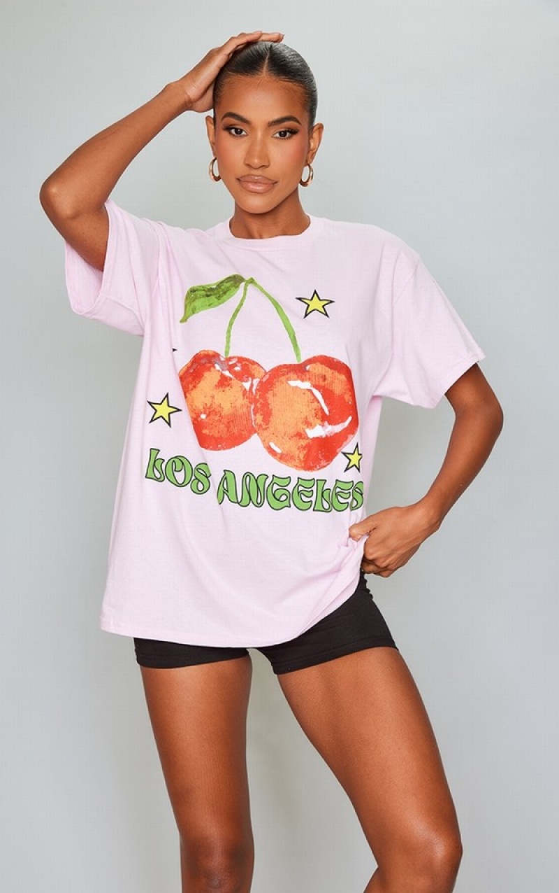 Pink Pretty Little Thing Baby Los Angeles Cherry Print Oversized T-shirts | GMYUKHO-54