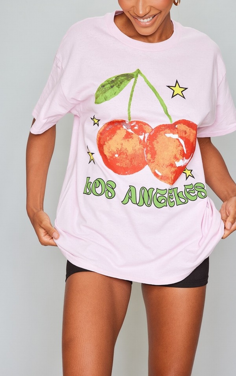 Pink Pretty Little Thing Baby Los Angeles Cherry Print Oversized T-shirts | GMYUKHO-54