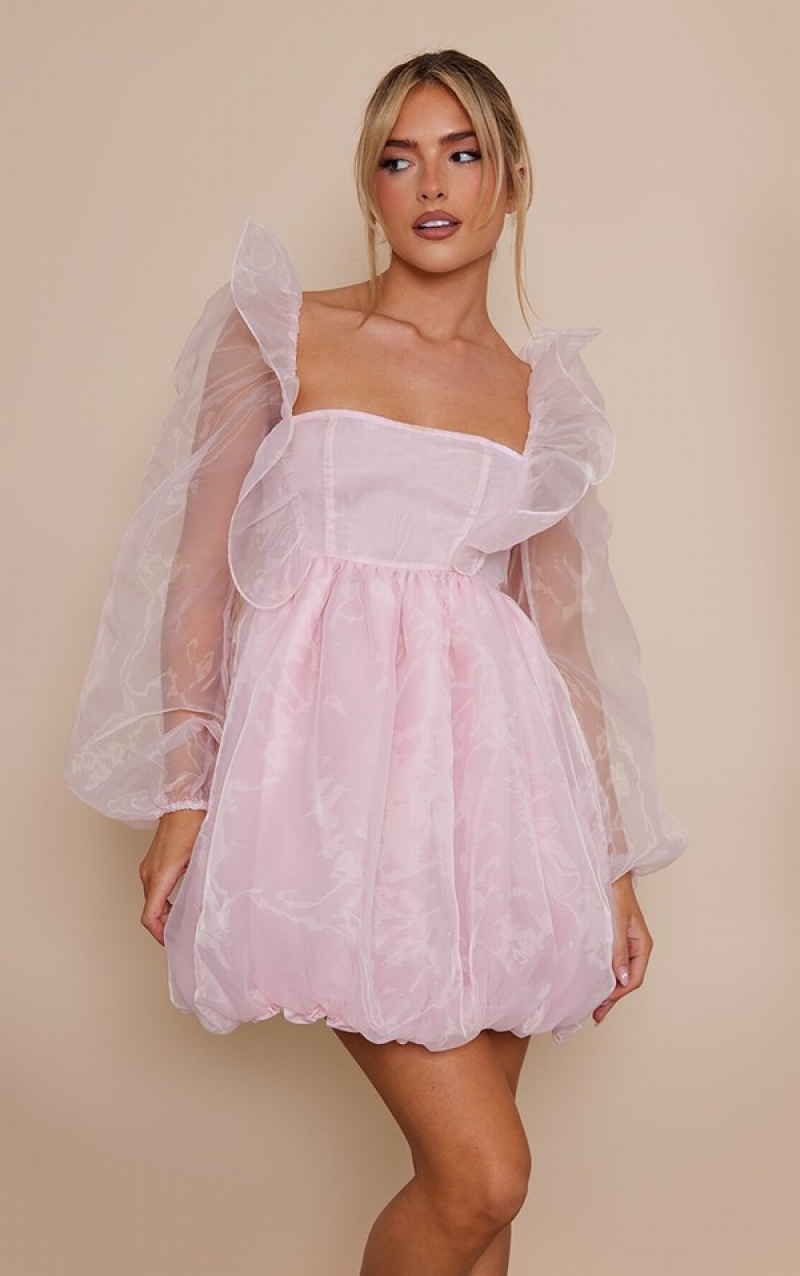 Pink Pretty Little Thing Baby Organza Balloon Sleeve Puffball Dresses | SNBKXVA-72