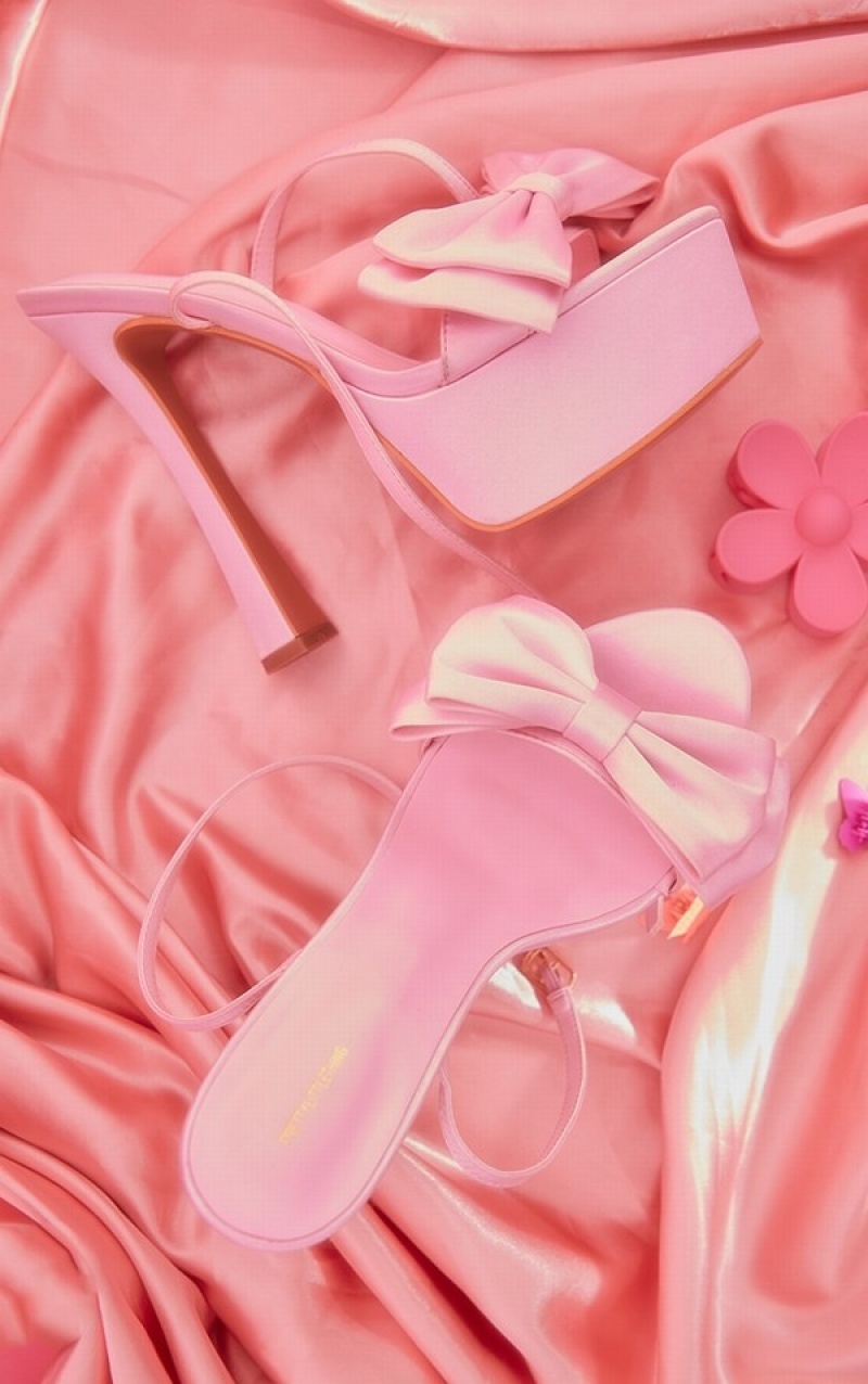 Pink Pretty Little Thing Baby Satin Round Toe Bow Detail Highed Platforms Heels | CRLMFUT-89