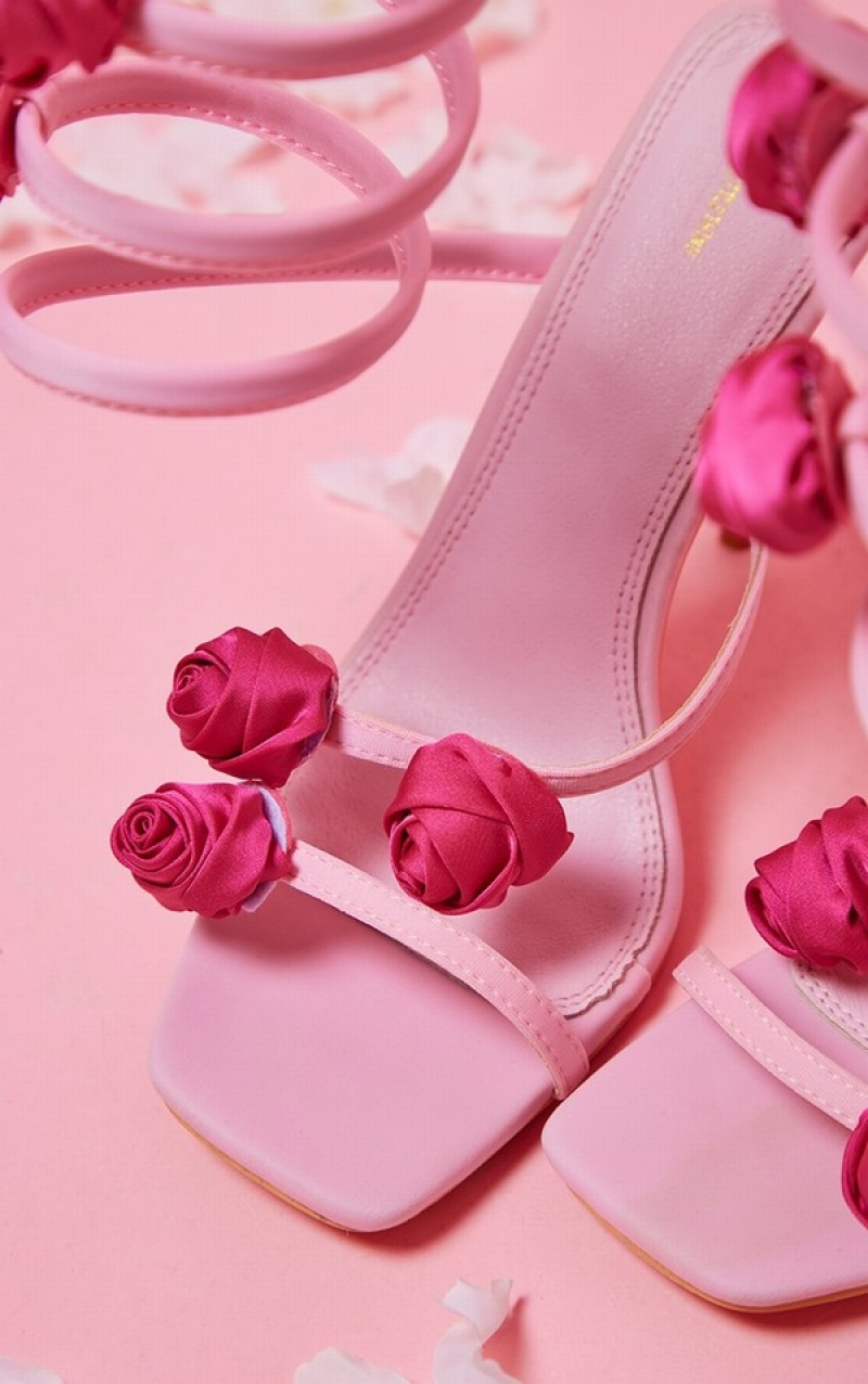 Pink Pretty Little Thing Baby Square Toe Detail Spiral High Heels | SDAJFNO-26