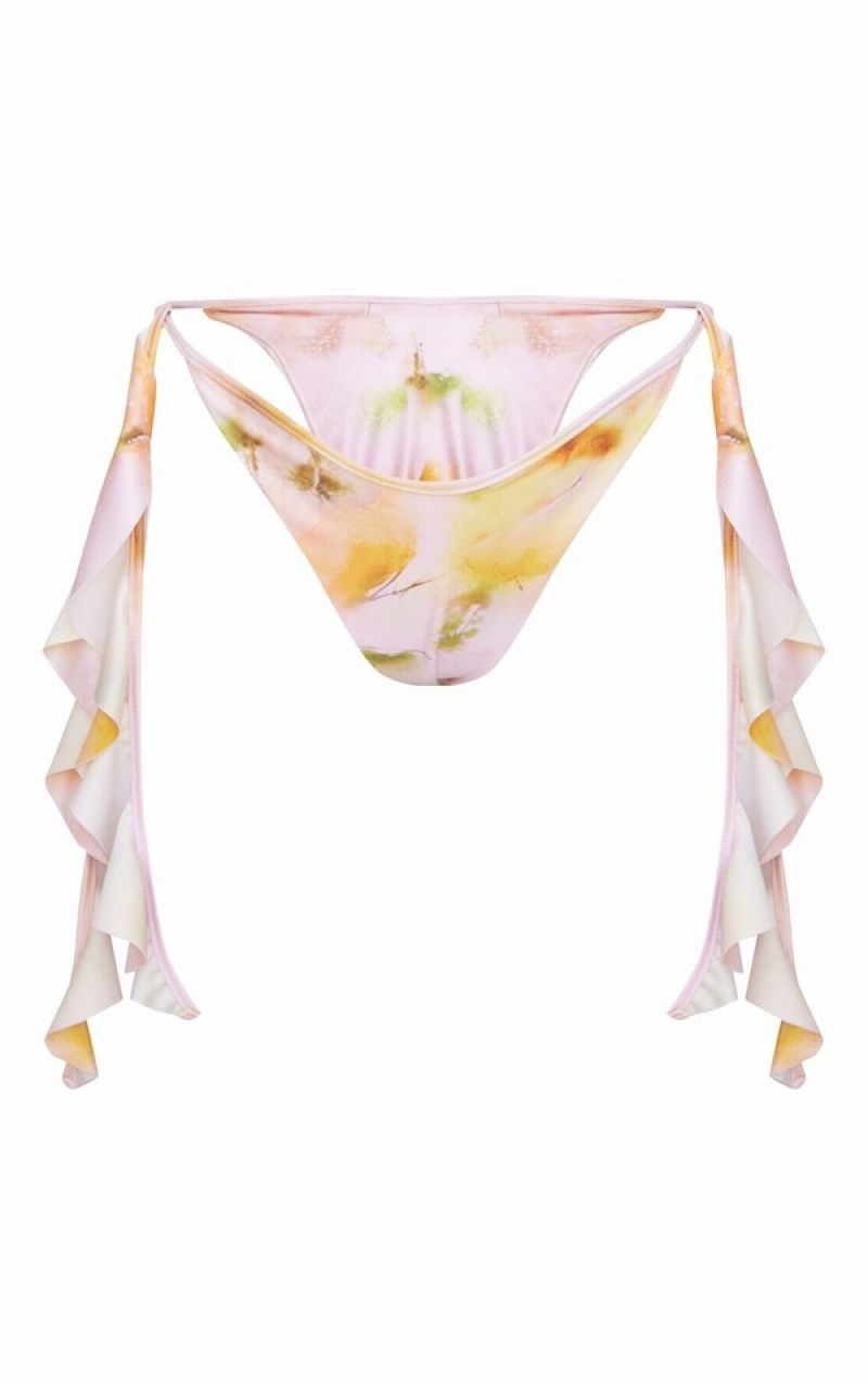 Pink Pretty Little Thing BlurFloral Print Ruffle Tie Side Bikini Bottoms | GQYXDJR-56