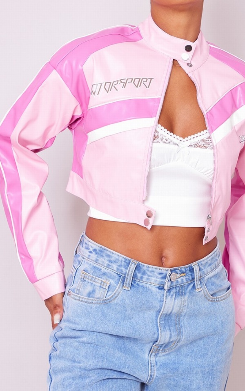 Pink Pretty Little Thing Contrast Cropped Faux Leather Racer Jackets | JSWENAD-92