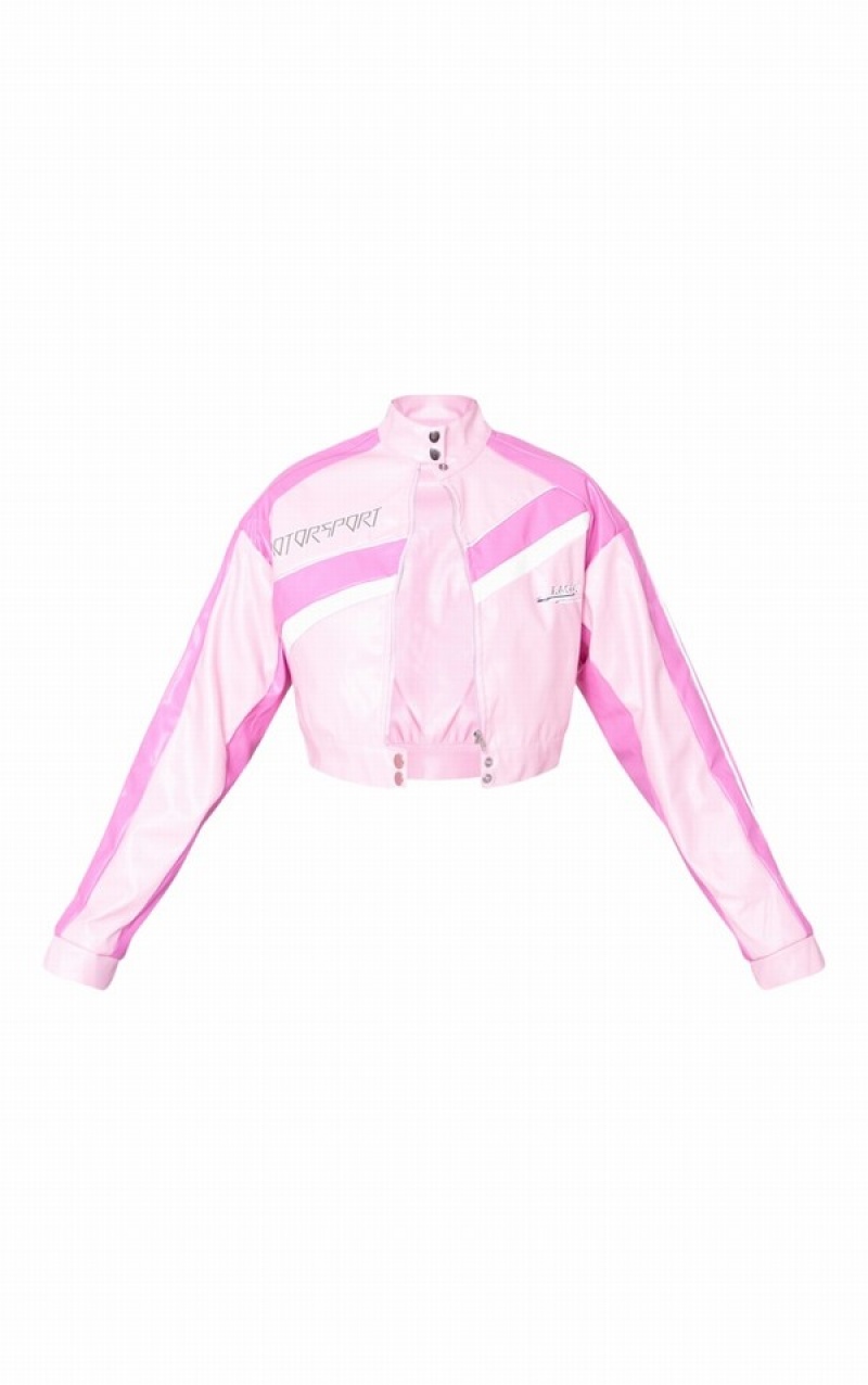 Pink Pretty Little Thing Contrast Cropped Faux Leather Racer Jackets | JSWENAD-92