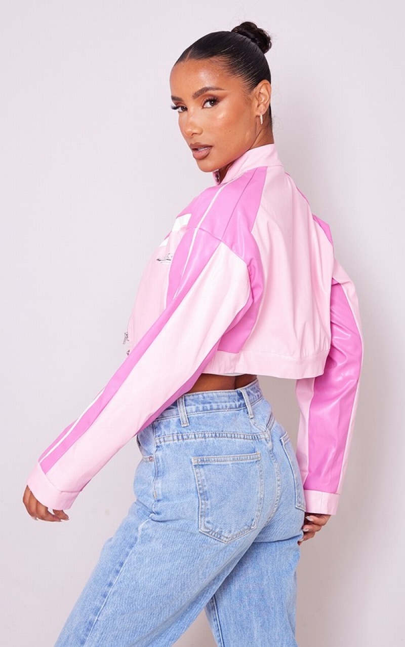 Pink Pretty Little Thing Contrast Cropped Faux Leather Racer Jackets | JSWENAD-92