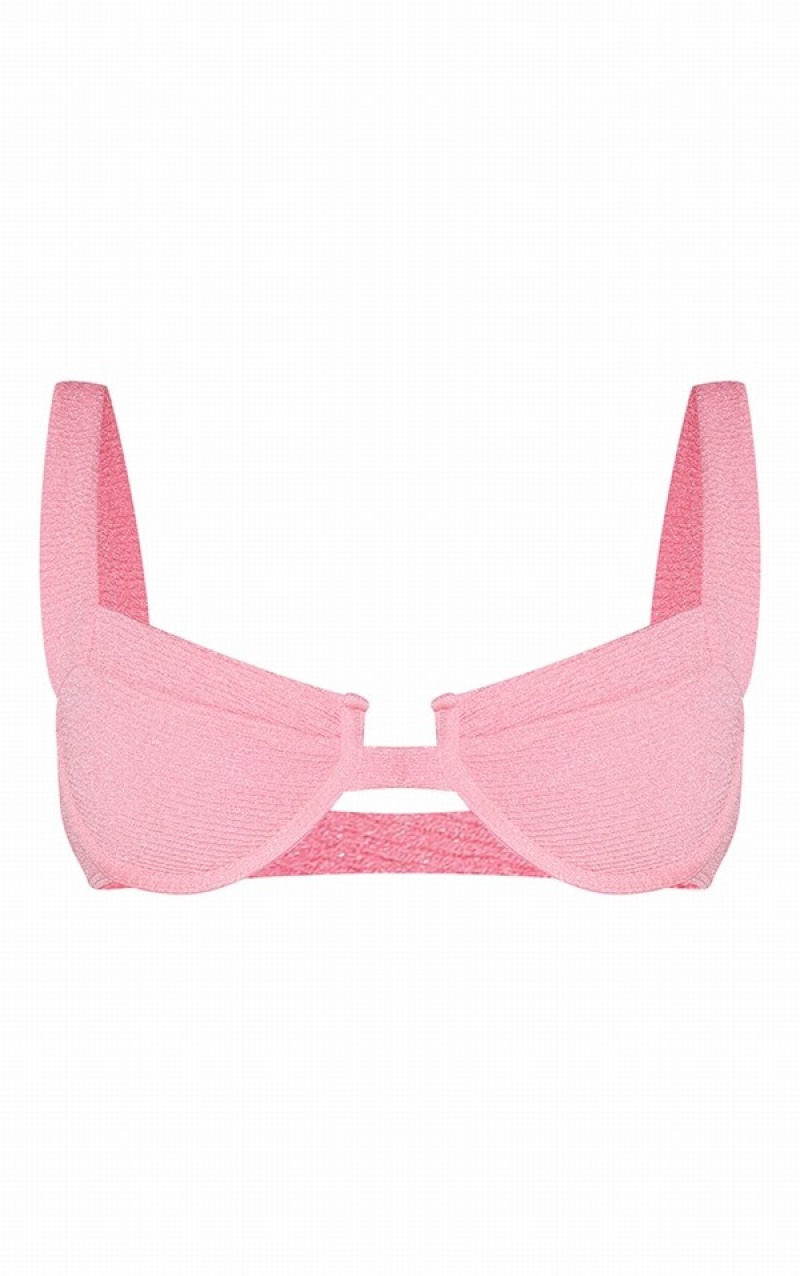 Pink Pretty Little Thing Crinkle UnderwiSquare Neck Bikini Tops | OJMNXAK-53